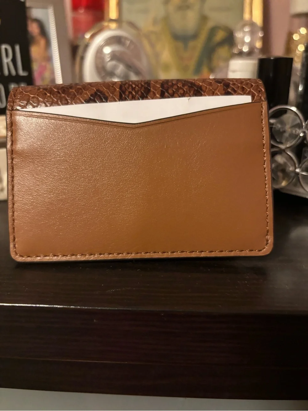 Michael Kors Tan Leather Snap Card Holder with Gold Hardware